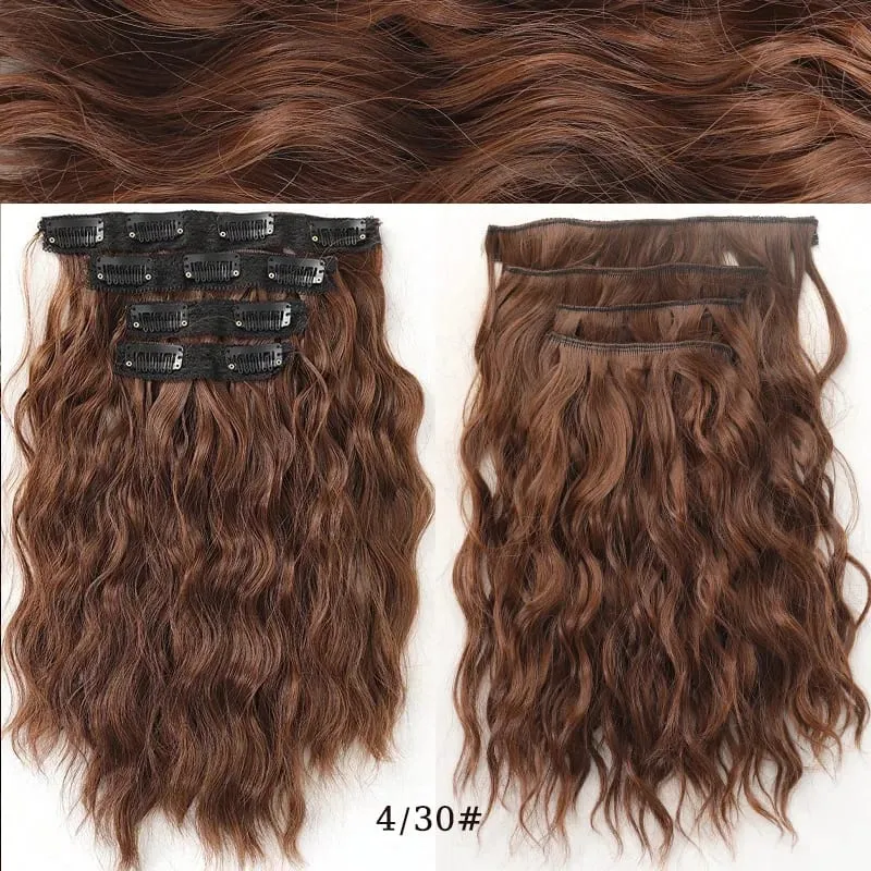 short curly Synthetic Burgundy 4-piece set of water ripple hair extension wig clip in woman's clip hair accessories hairpiece