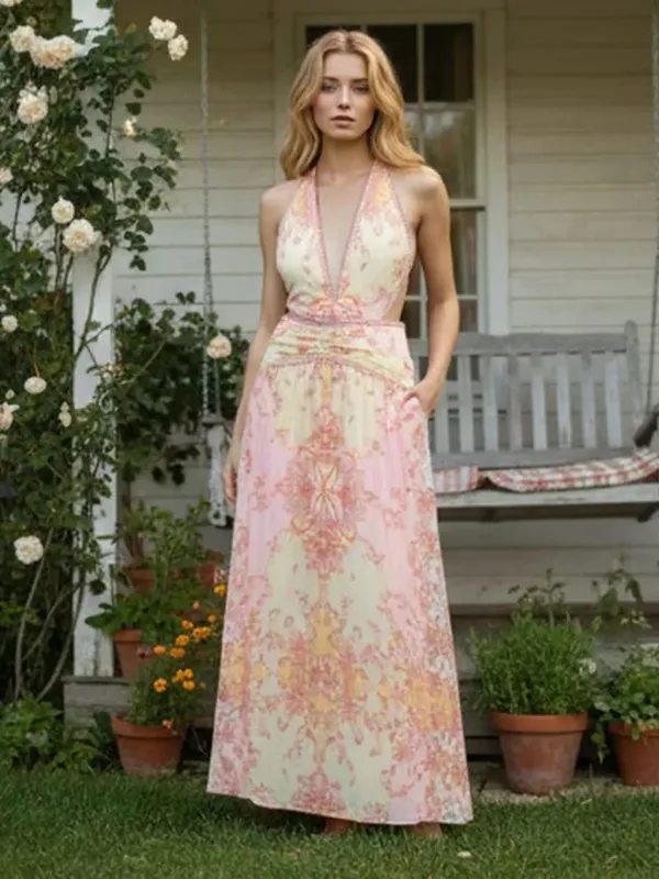 Floral impressão halter vestido feminino chique com decote em v sem mangas sem costas cintura-cinging maxi vestidos 2026 novo verão senhora férias roupões