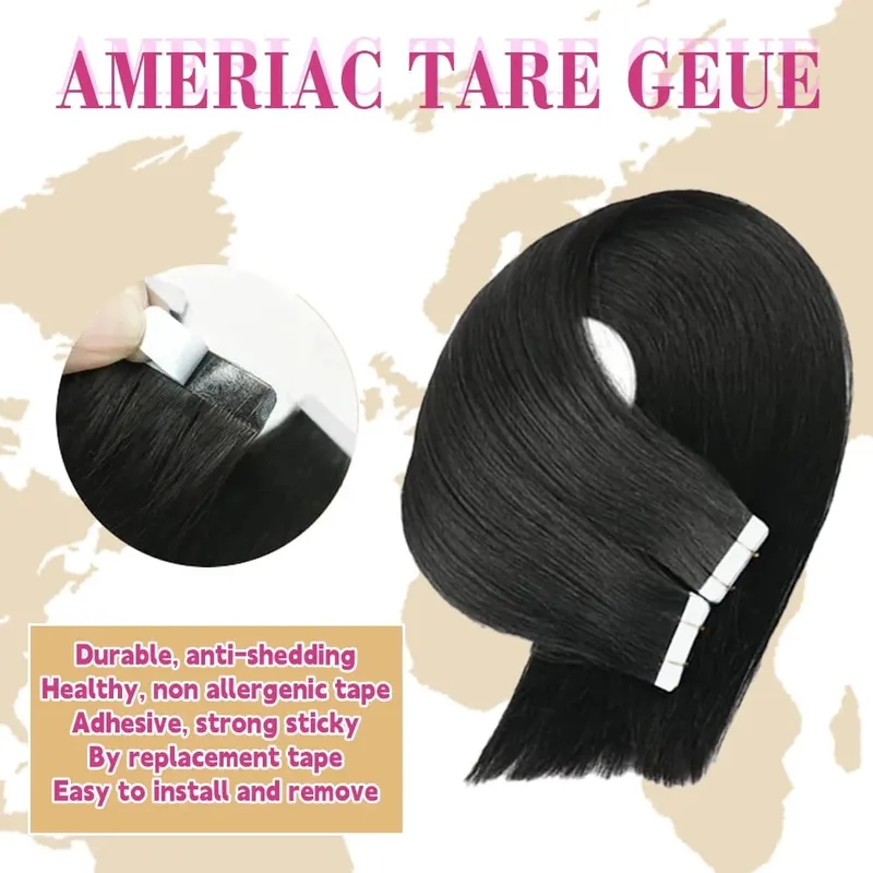 Tape In Hair Extensions Human Hair Natural Black Real Human Hair 20Pcs 50G/Pack Straight Seamless Skin Weft Tape Hair Extensions