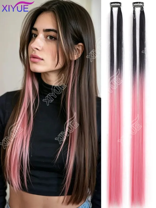 XY Hair Extensions 2pcs/pack Straight Extensions Multi-Colors Highlights Synthetic Hair Rainbow Hairpieces for Girls Halloween