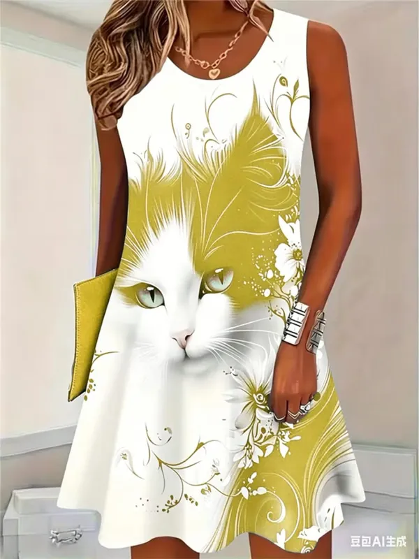 2026 New Fashion Cat Pattern Women Mini Dresses Summer Sleeveless 3D Printed Street Hip Hop Ladies Dress 3XL Plus Size Dress