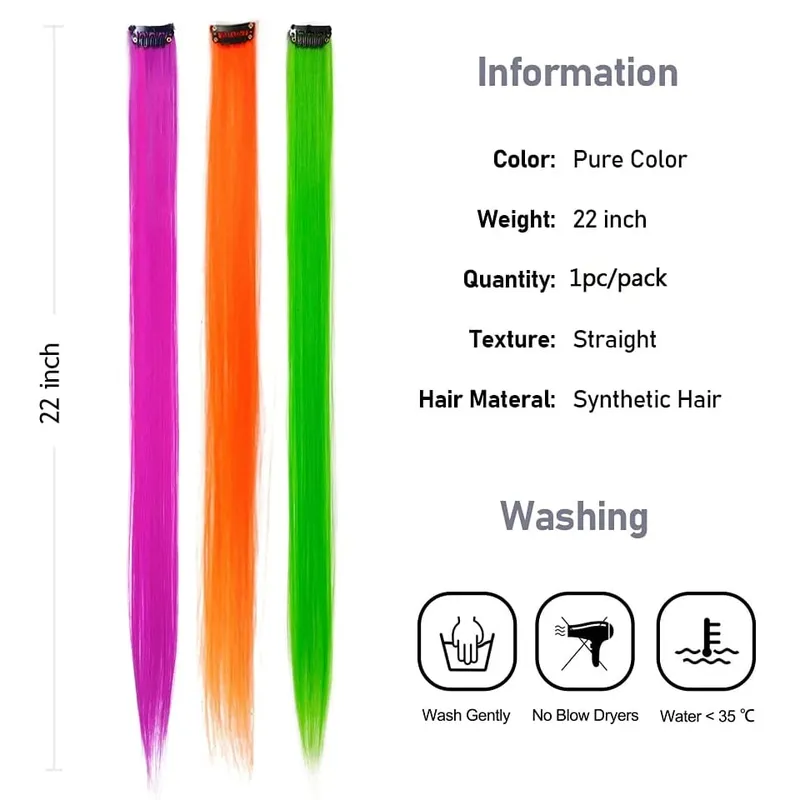 Colored Hair Extensions Synthetic 22Inch Straight Orange Green Clip in Hair Extension Rainbow Accessories Party Highlights Hair