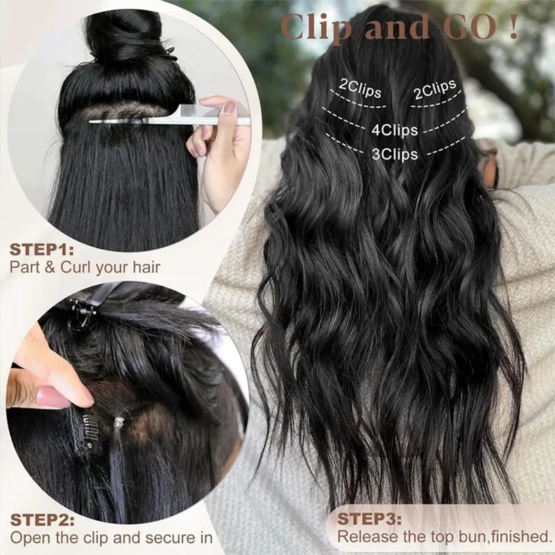 Synthetic Long Wavy Clip In Hair Extensions Hairpiece 6pcs/set For Women Brown Blonde Black Daily Party Halloween And Christmas