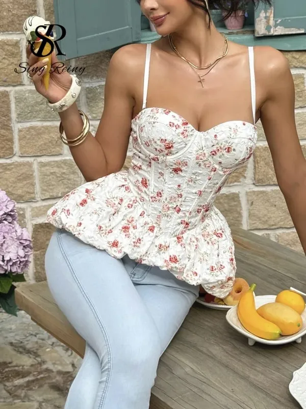 French Style Print Hotsweet Corset Top Women Strap Sleeveless Shapewear Bohe Camis Strapless Floral Holiday Beach Top