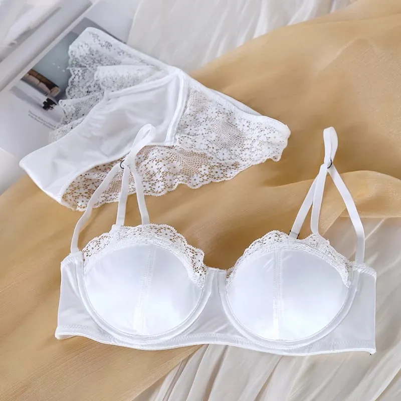 Sujetador de media copa con adorno de encaje para mujer, conjunto de lencería blanca cómoda y fina, Bralette de talla grande, ropa interior Sexy, 1/2 taza