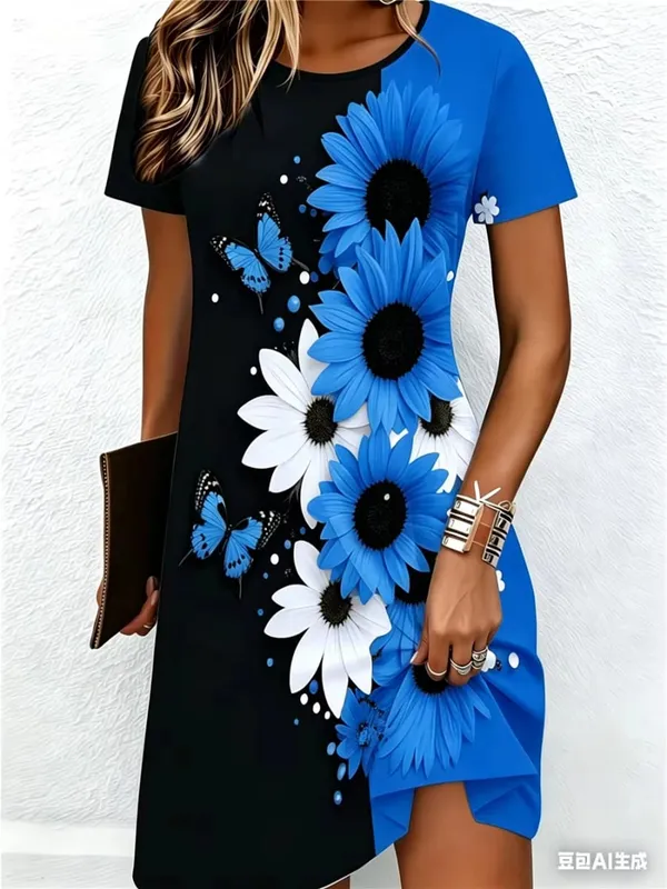 Street Hip Hop Flowers And Butterflies Women Mini Dresses Summer Short Sleeve 3D Printed Fashion Dress 3XL Big Size Casual Dress