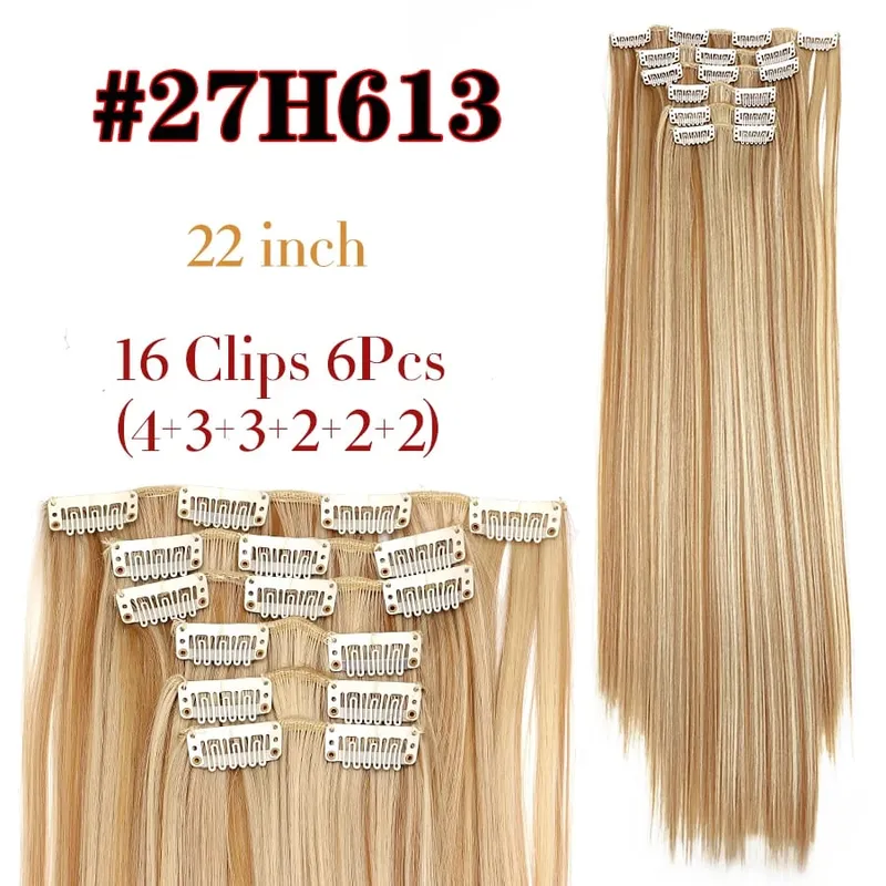 Black Clip In Extensions Straight 22" Long Synthetic Thick Clips On Hair Piece For Women 6Pcs/Set Curly Full Head Weddings Daily