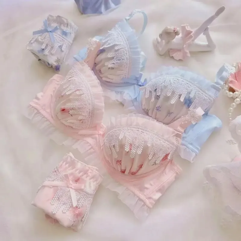 Sexy Lace Bra Set Water-soluble Lace Cute College Style Underwear for Women Daily Wear