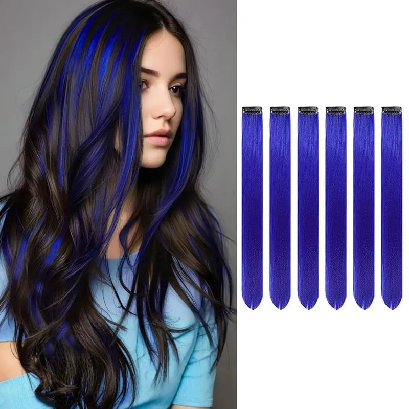 6 KS Clip In prodlužování vlasů 22 palců dlouhé rovné, tepelně odolné syntetické vlasy zvýraznění Snadno použitelné barevné příčesky