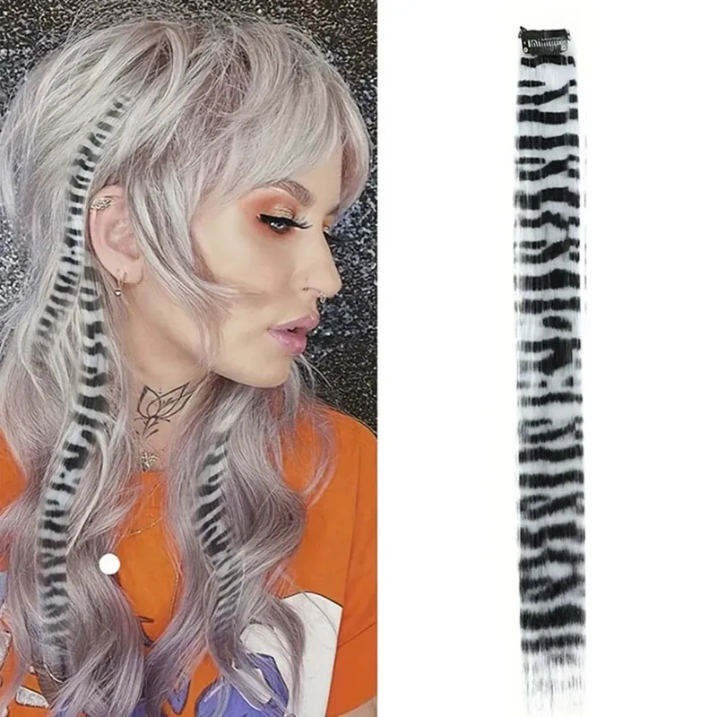 Long Straight Colorful Striped Hairpieces Synthetic Clip in Leopard Print Hair Piece Halloween Party Cosplay Y2K Feather Scene