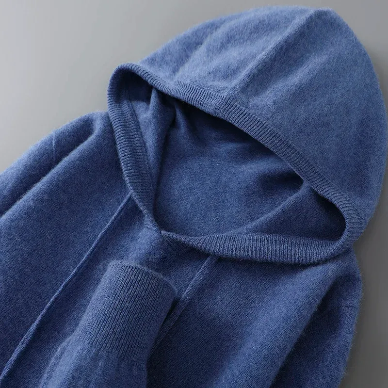 DjzDsm Autumn Winter Men's Sweater 100% Merino Wool Thick Hooded Pullover Soft Knitwear Casual Comfort Wool Clothing Tops
