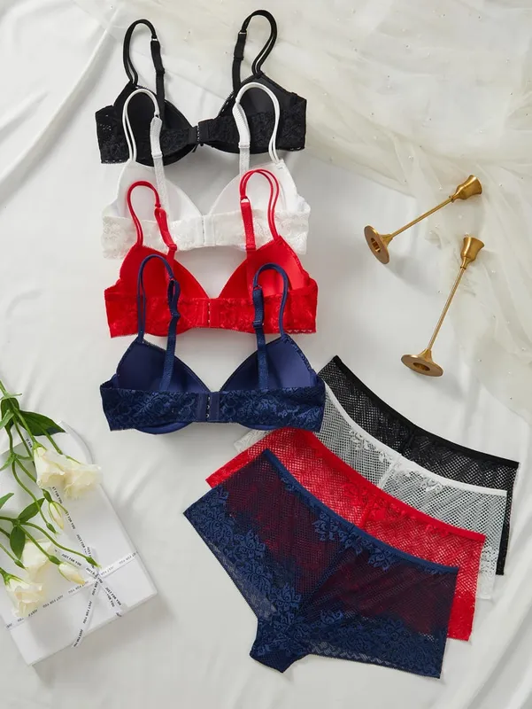 4PCS Women Floral Lace Lingerie Set Underwire Push Up Bra Sheer Mesh Breathable Panties Soft Comfort Sexy Underwear