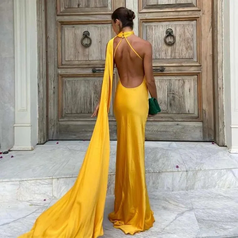 Backless Satin Long Sling Dress Women V Neck Sleeveless Slit Solid Sexy Party Dresses 2026 Summer Lady Vacation Evening Robes