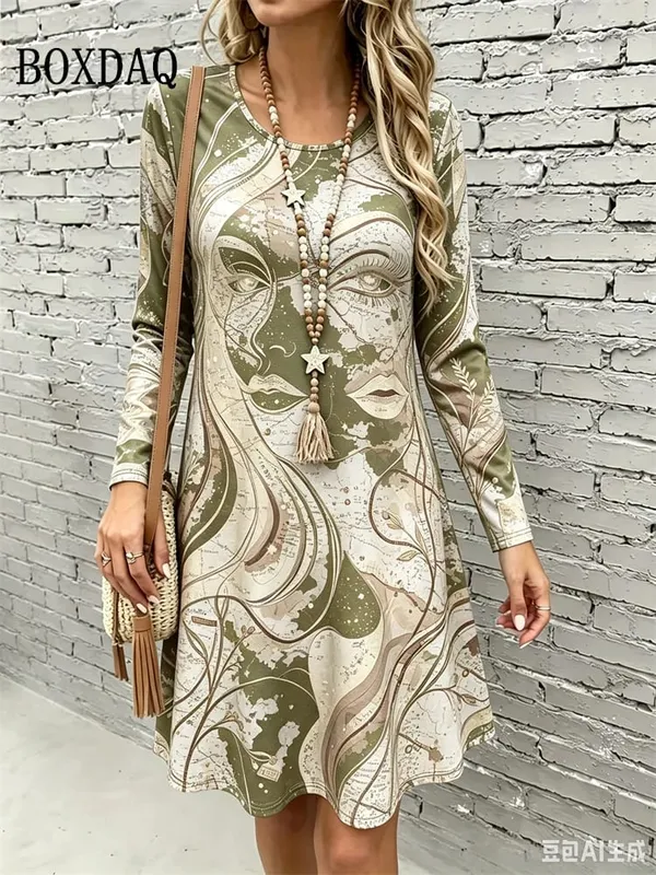 2026 New Women's Dresses Autumn Fashion Streetwear Abstract Painting Floral Print Dress Casual Long Sleeve Loose A-Line Dress