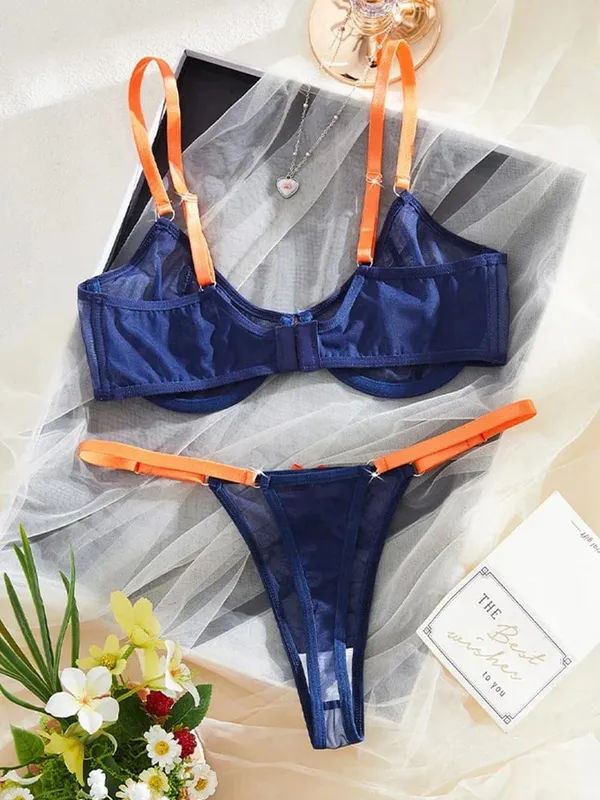 Kadın İç Giyim Lacivert Şeffaf Örgü İç Giyim Çelik Yüzükler Sütyen Turuncu Yay Thongs 2 Adet Seksi İç Giyim Kontrast Renk Intimates
