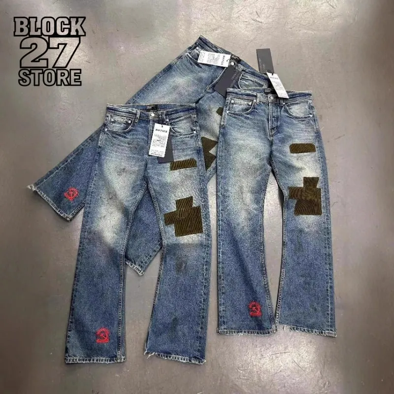 Mens Flared Jeans Harajuku Vintage Washed Denim Pants Distressed Patchwork Corduroy Slim Fit Casual Streetwear Unisex New Spring