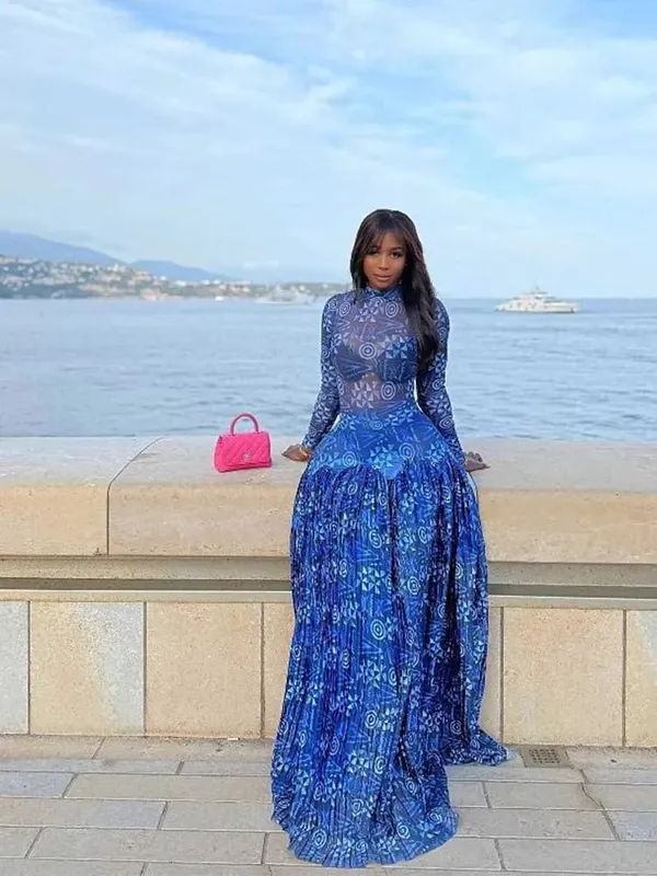 Royal Blue Dress for Women Mid-turtleneck High Waist Transparent Light Long Dress with Sleeves Streetwear Pleated Maxi Dress