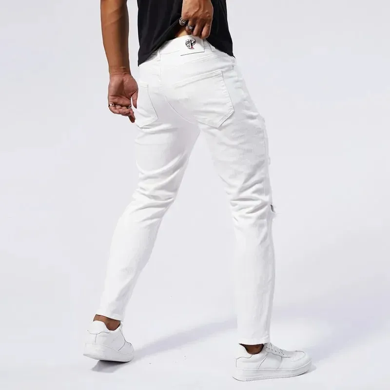 Witte 97% katoenen jeans herenkleding nieuwe gescheurde slanke patchwork mode gat skinny elasticiteit denim broek mannelijke streetwear — image 4