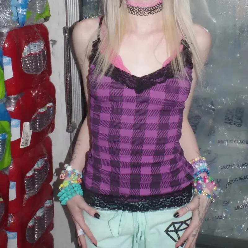 Women Y2K Aesthetic Camisole Lace Trim V Neck Cami Top Camo Ribbed Knit Tank Top Cute Bows Grunge E Girl Mall Goth Tops