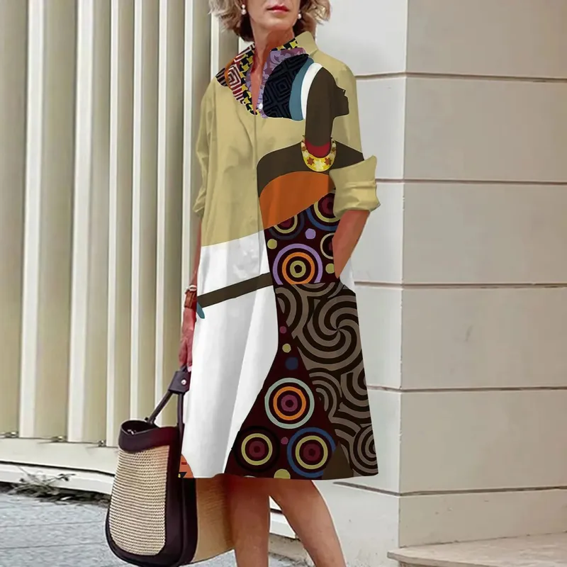 Zomer Nieuwe Damesjurken Mode Karakter Kunst Patroon Losse Grote Maat Casual Temperament Commuter Onregelmatige Lange Rok Tops