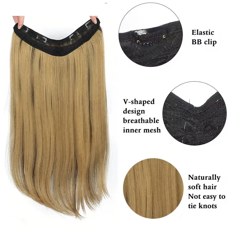 Synthetic 55CM V-shaped Hair Extension Piece Wig Long Straight Hair Female Natural Connection Seamless Clip Hair Wig Piece — image 4