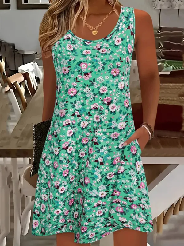 Fashion Women Sleeveless U Neck Midi Dress Solid Color Knee Length A Line Casual Summer Dresses
