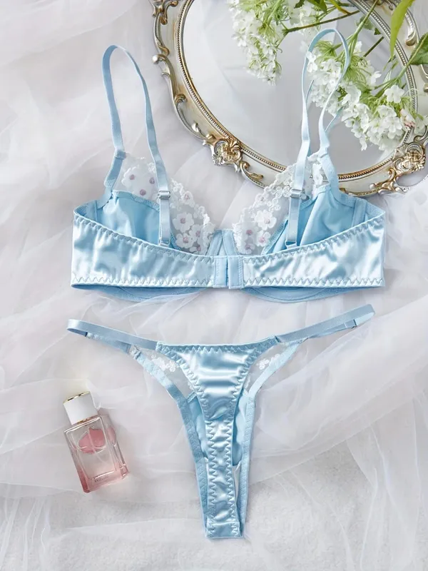 2 Piece Blue Satin Sexy Lingerie Set Women French Coquette Floral Embroidery Sheer Mesh Underwire No Padding Push Up Bra Thong