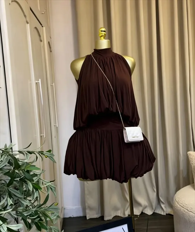 CM.YAYA Women Dress Sleeveless Halter Ruched Ball Gown Mini Dress with Shorts 2026 Beach Party Elegant Holiday Birthday Outfits