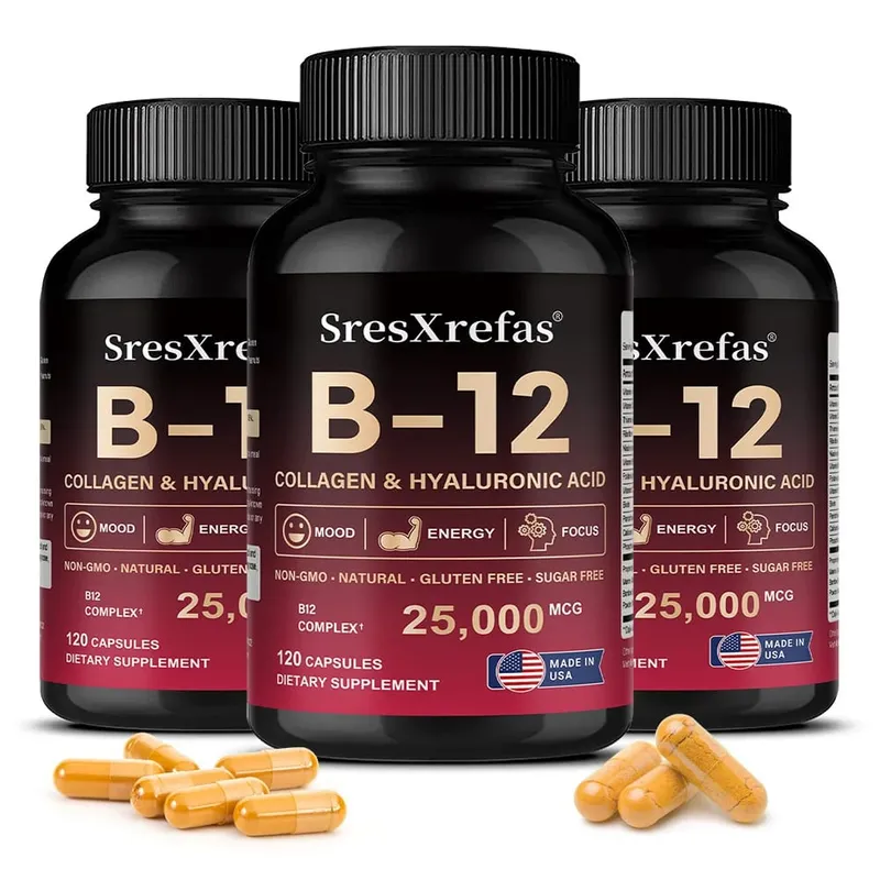 Vitamin B12 with Collagen Hyaluronic Acid - Supports Energy Focus Mood Nervous System & Immune Health Relieves Fatigue