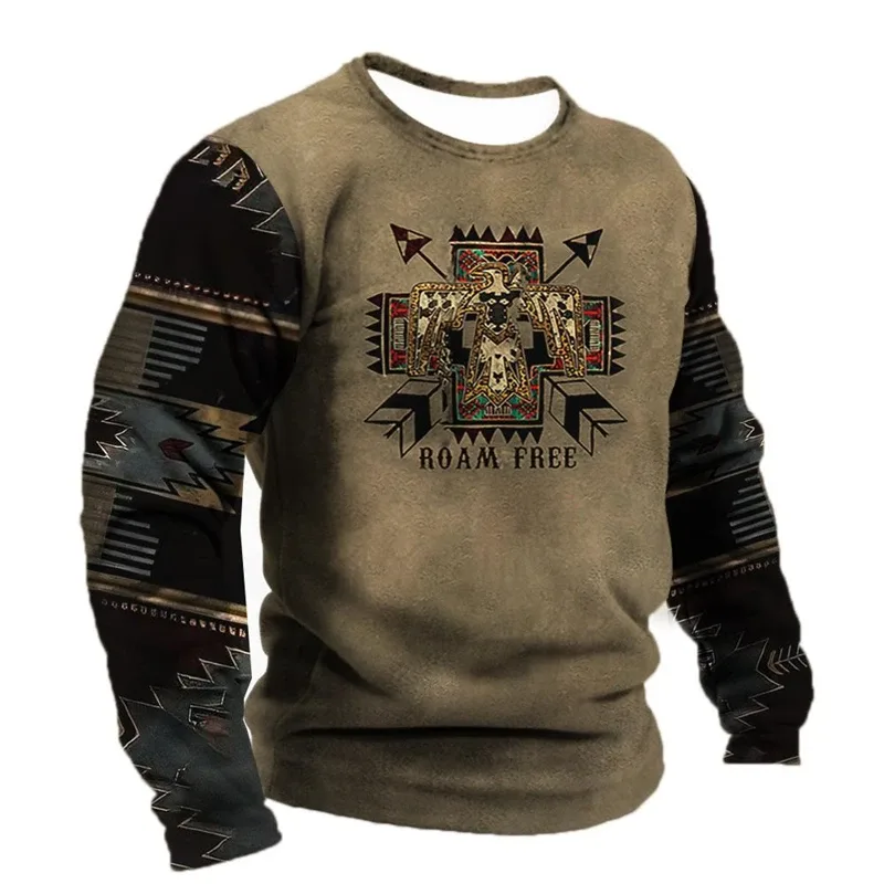 Vintage Ethnic Style Graphic Sweatshirts Spring Autumn Fashion Casual Long Sleeve 3D Printed Tops Loose Streetwear Mens Clothing