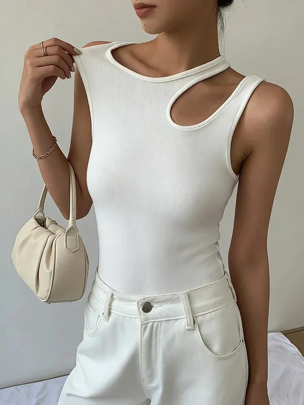 Women's White Ribbed Knit Tank Top Round Neck Cut Out Shoulder Slim Fit Sleeveless Cami Casual Vest Spring Summer Daily Outfit