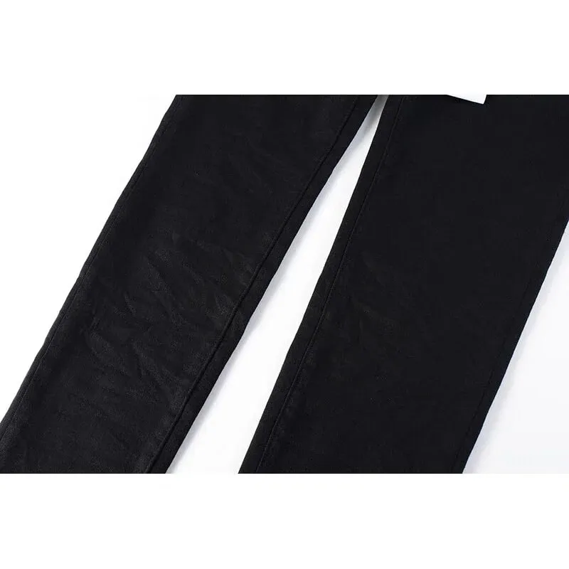 Men's Black Coated Slim Tapered Jeans Vintage Washed Slight Stretch Button Fly High Street Style