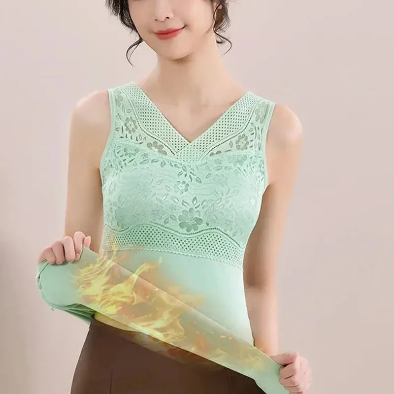 Women Winter Lace Padded Thermal Vests Soft Skin‑Friendly Undershirts Comfortable Sleeveless Inner Versatile Daily Tank Tops