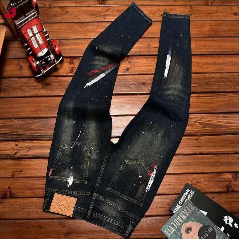 High Street Fashion Men Jeans Retro Blue Elastic Slim Fit Ripped Jeans Men Vintage Designer Stretch Casual Denim Pants Hombre