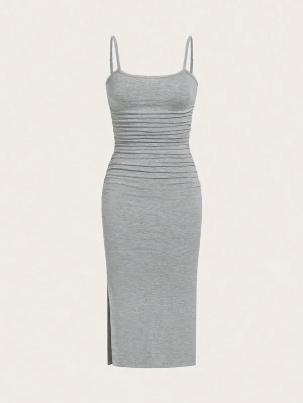 Women Spaghetti Strap Midi Dress Ruched Side Bodycon Slit Cami Pencil Midi Dress