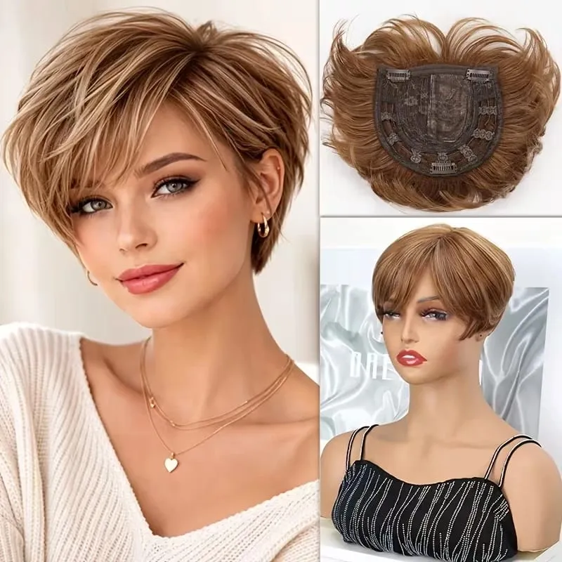 Synthetic Short Hair Topper Lightweight Fiber Hair Extension for Increase Volume Cover White Hair Effortless Daily Use Styling