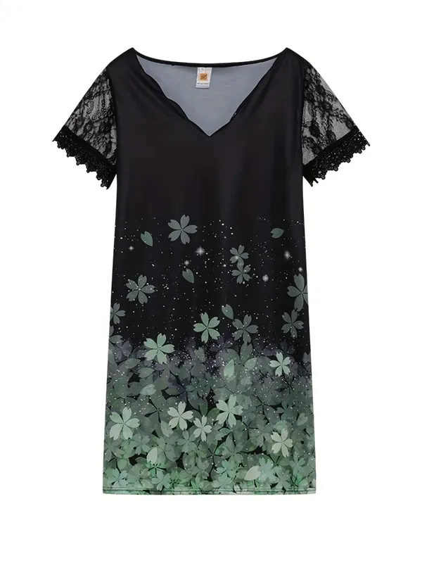 2026 New Women's New Positioning Printing Wave V-neck Lace Short-sleeved Dress
