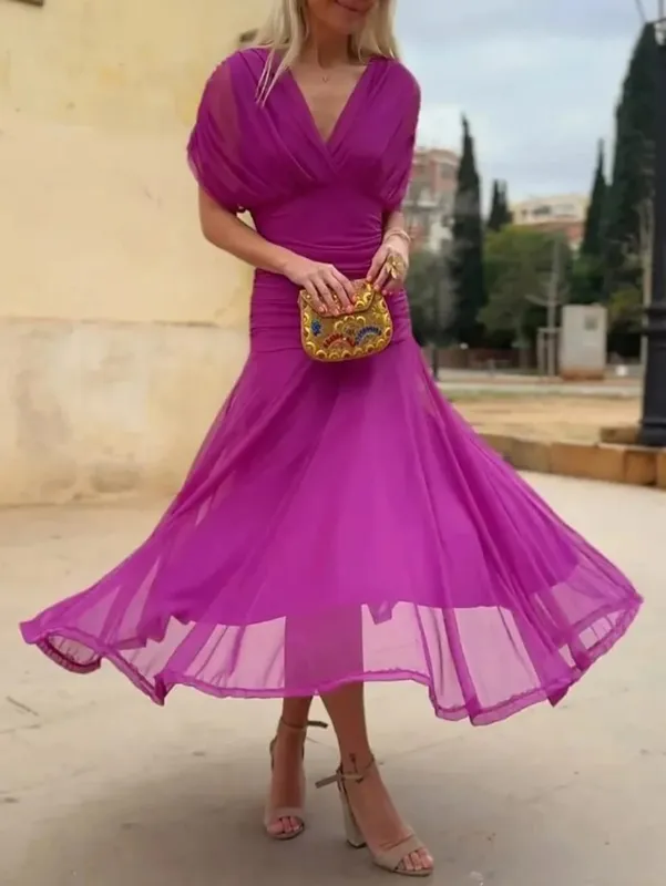 Wanita Padat Dalam V-leher Mesh Gaun Panjang Elegan Puff Lengan Pendek Pinggang Ruched Vestidos Tinggi 2026 Musim Panas Wanita Kasual Jubah Jalanan
