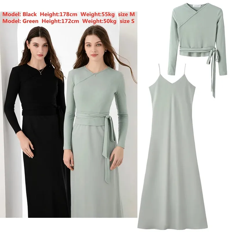 AS 2024 abbigliamento donna top avvolgenti chiusi a costine elasticizzati + abito in raso opaco Maxi set coordinati (spedizione in 1 giorno)