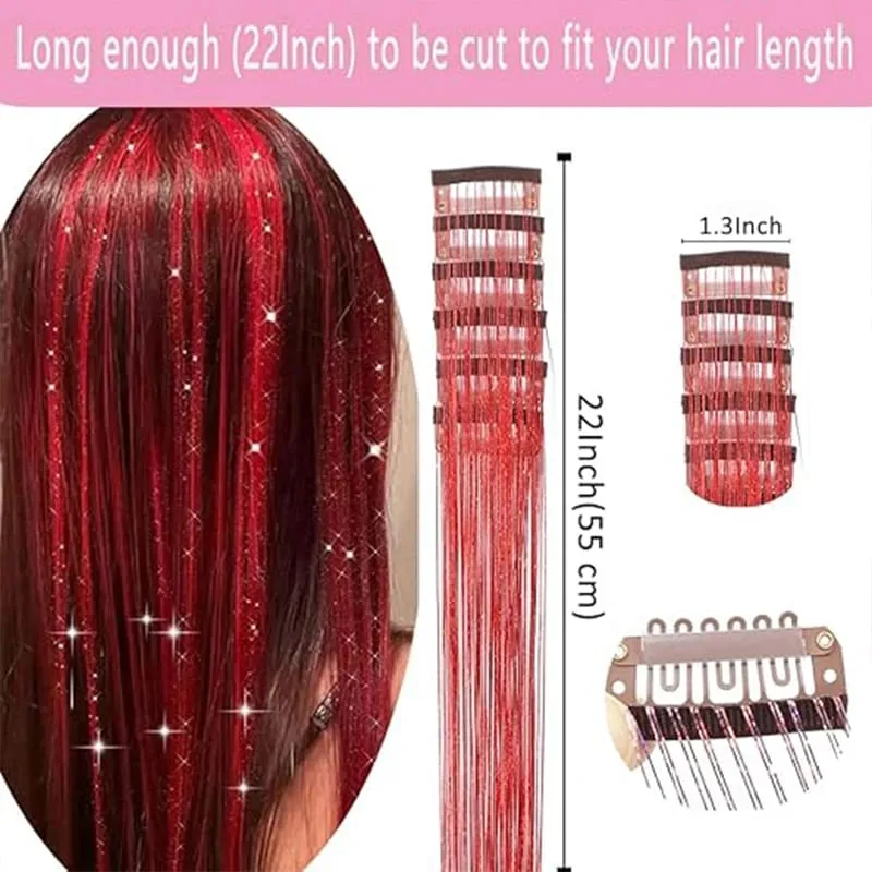 12Pcs Clip in Hair Tinsel Kit Red Hair Tinsel 22Inch Tinsel Hair Extensions Christmas Hair Tinsel Party Festival Accessories