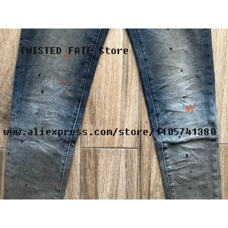 Men's American High Street Distressed Dirty Washed Indigo Spray Painted Stretch Skinny & Slim Fit Graffiti Streetwear Jeans