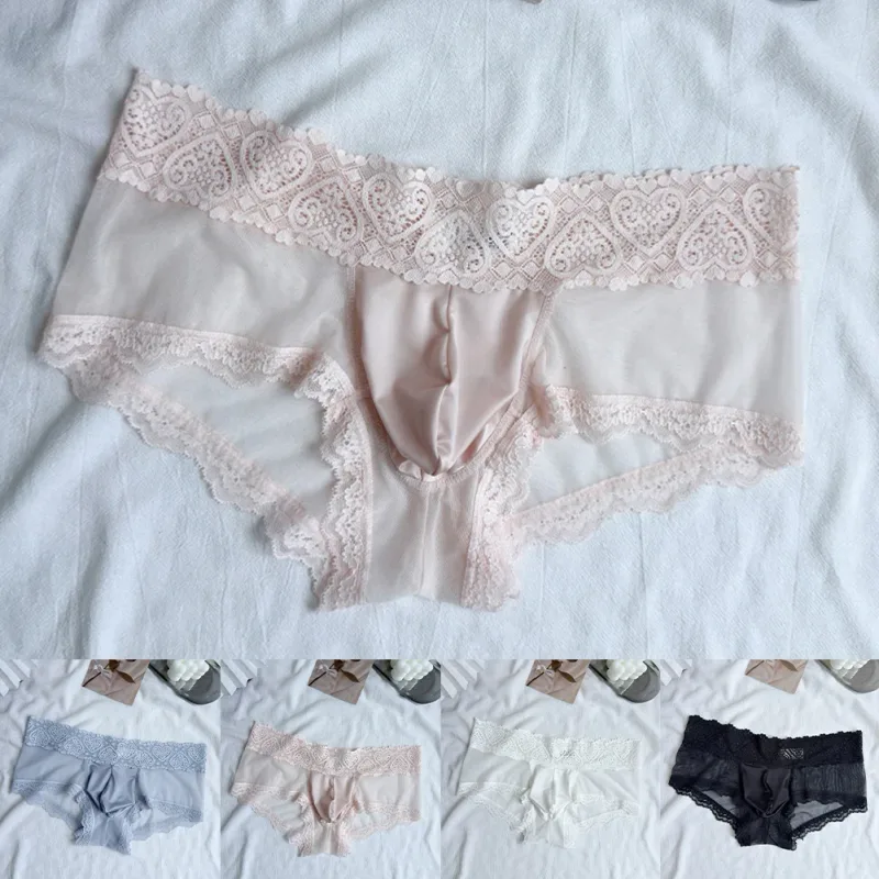 Heren Ijs Zijde Kanten Rand Dunne Naadloze Slips Glanzend 3D Zakje Lichtgewicht Ondergoed Slipje Comfortabele Dagelijkse Lingerie