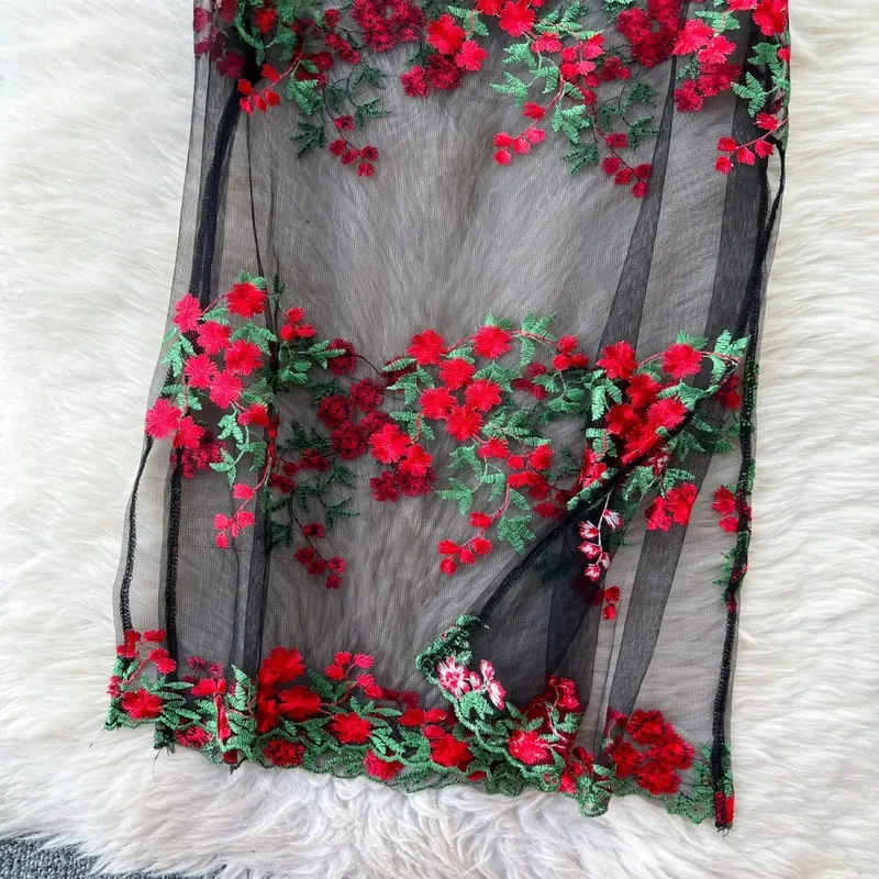Woman Embroidery Floral Mesh Fashion Sexy Dress Chinese Style Short Sleeve Split Hollow Out Cheongsam New Gauze Sheer Dress