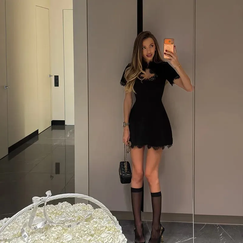 Sexy Women's Mini Dresses Patchwork Short Sleeves Lace Hollow Out Slim Fit Trend Baisc Turtleneck Streetwear Female Robe