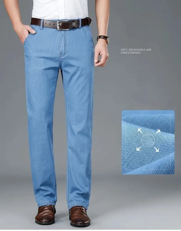 Men's Thin Business Jeans Classic Elasticity Straight Leg Denim Pants Fashion Comfortable Soft Trousers Male Casual Clothing