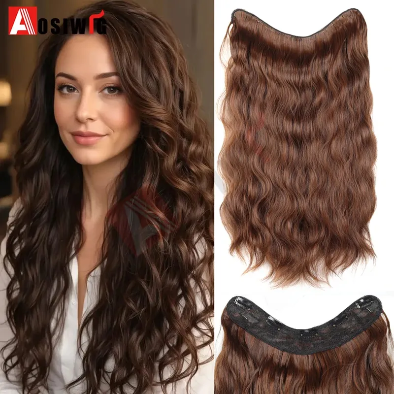20Inch Synthetic Long Wavy Curly 5 Clip in Hair Extension Fashion Invisible V-shaped Heat Resistant Black Hairpiece for Women