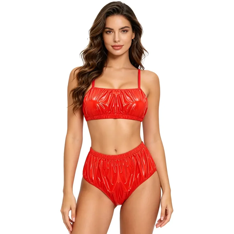 Conjunto de lencería impermeable brillante para mujer, Bikini, traje de baño, ropa de dormir, ropa de discoteca, sujetador sin almohadilla, Top con traje de baño, trajes de baño para playa y piscina