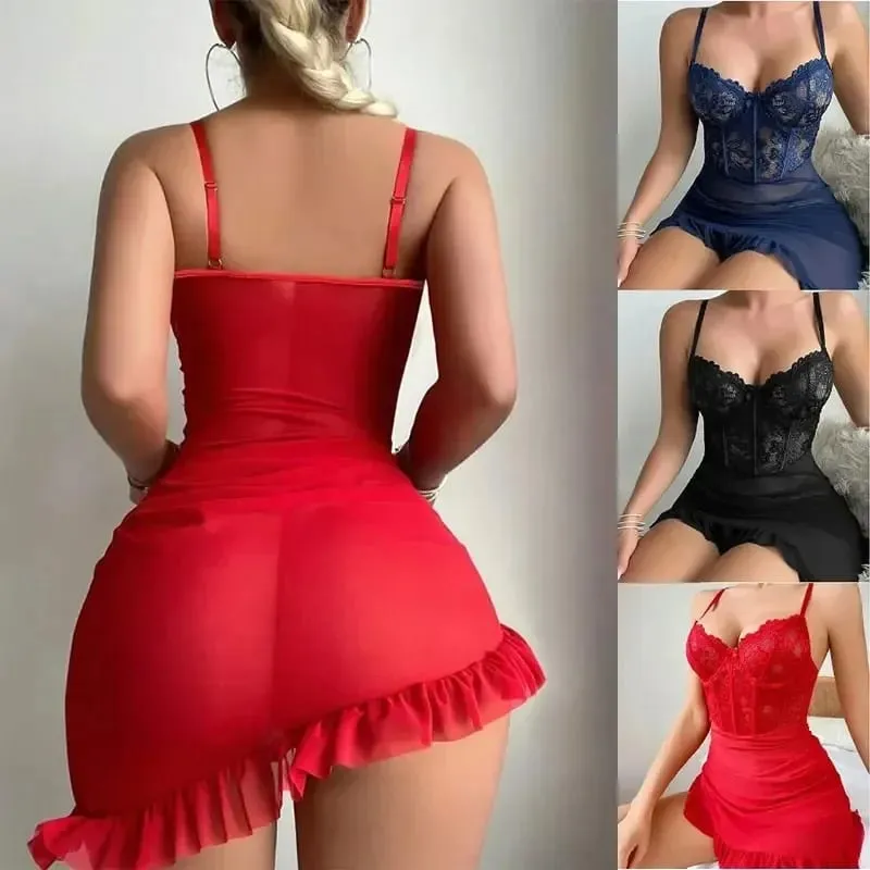 Women's Lace See Through Underwire Bra Set Sensual Intimate Nightdress Pajamas for Nightwear & Special Occasions