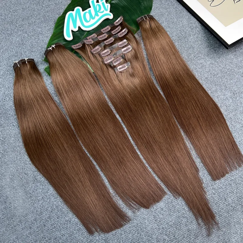 #2 Färg Rak Clip ins Human Hair Extensions 100 Gram 7 Styck/Set Seamless PU Weft Clips i vietnamesiska 100% Raw Virgin Hair