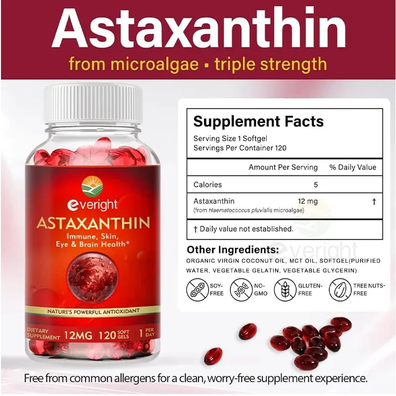 Astaxanthin - 12mg Premium Antioxidant Supplement to Support Eye Skin Joint & Immune System Health - Non-GMO & Gluten-Free